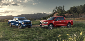 Two 2022 F-150s parked in a field
